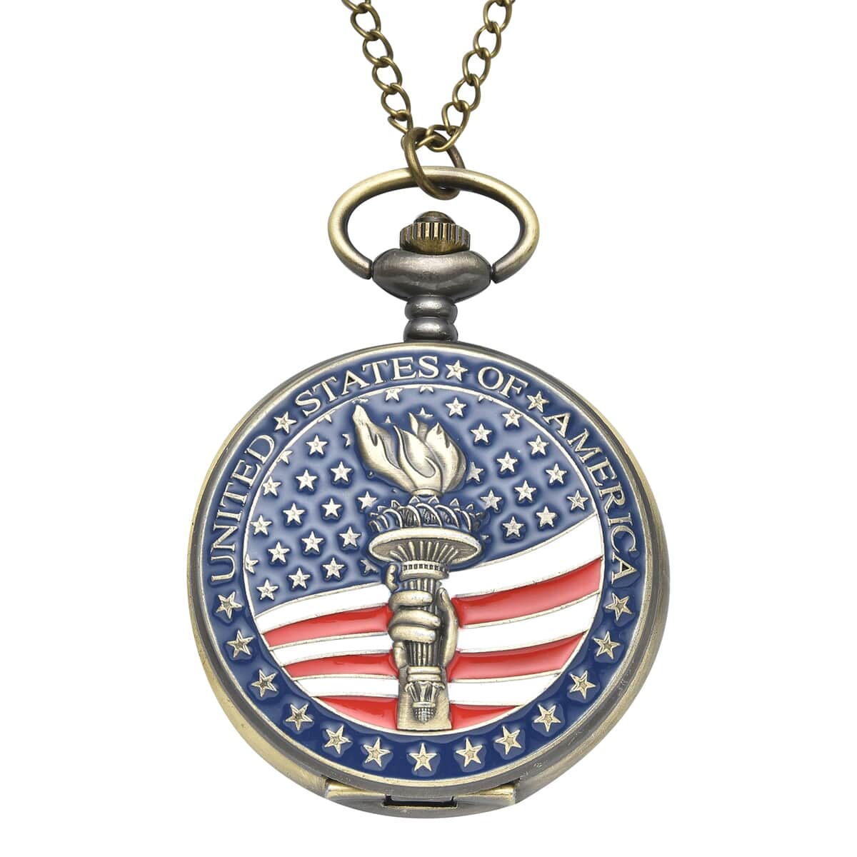 Strada Japanese Movement Antique Statue of Liberty Torch with American Flag Pattern Pocket Watch with Chain (31 Inches) image number 0