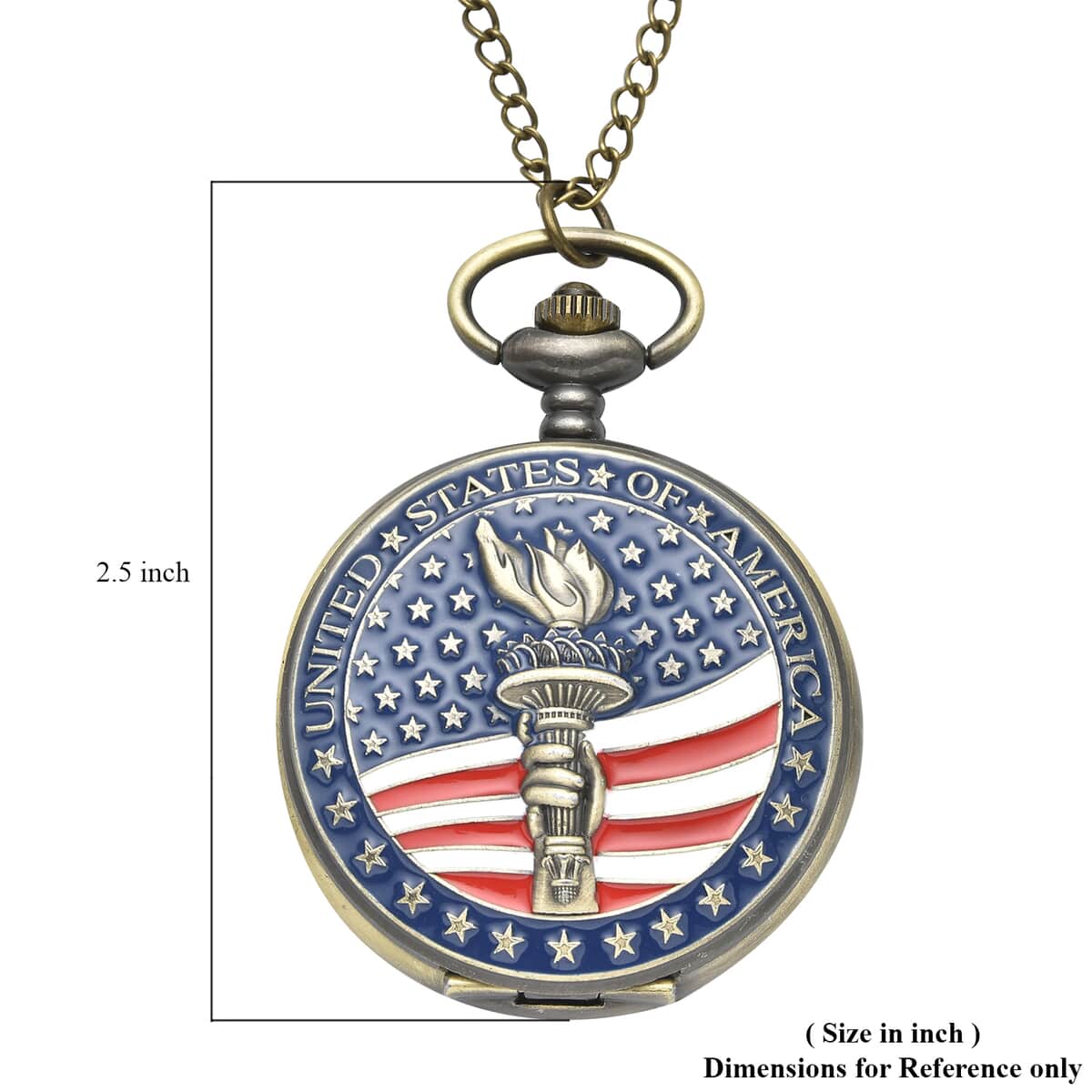 Strada Japanese Movement Antique Statue of Liberty Torch with American Flag Pattern Pocket Watch with Chain (31 Inches) image number 6