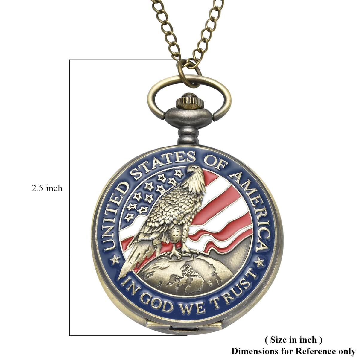 Strada Japanese Movement Antique Eagle on World with American Flag Pattern Pocket Watch with Chain (31 Inches) image number 6