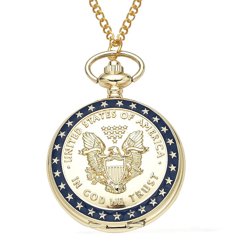 Strada Japanese Movement Golden American Eagle Coin Pattern Pocket Watch with Chain (31 Inches)