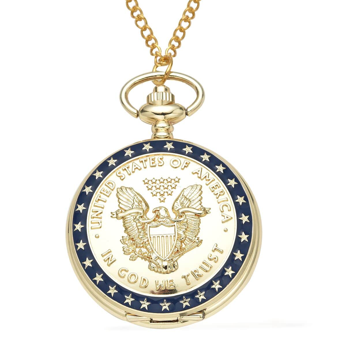 Strada Japanese Movement Golden American Eagle Coin Pattern Pocket Watch with Chain (31 Inches) image number 0