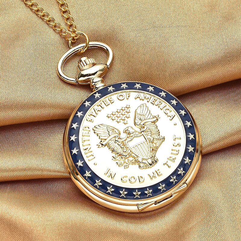 Strada Japanese Movement Golden American Eagle Coin Pattern Pocket Watch with Chain (31 Inches)