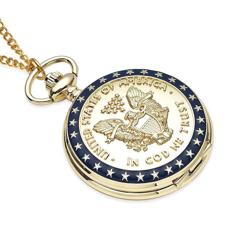 Strada Japanese Movement Golden American Eagle Coin Pattern Pocket Watch with Chain (31 Inches)