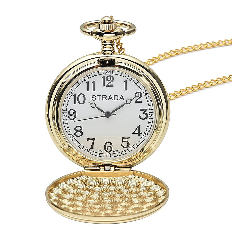 Strada Japanese Movement Golden American Eagle Coin Pattern Pocket Watch with Chain (31 Inches)