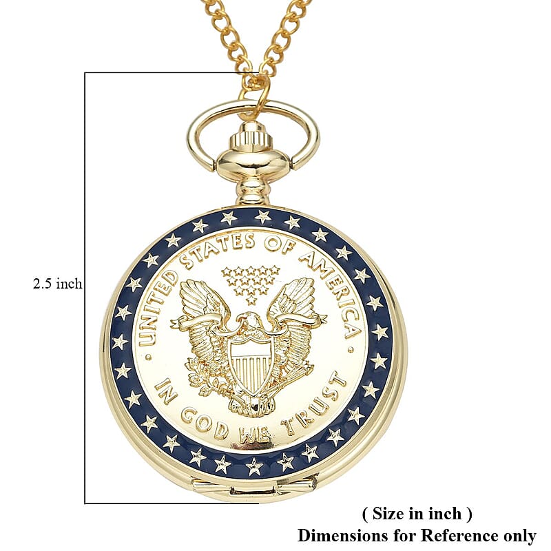 Strada Japanese Movement Golden American Eagle Coin Pattern Pocket Watch with Chain (31 Inches)