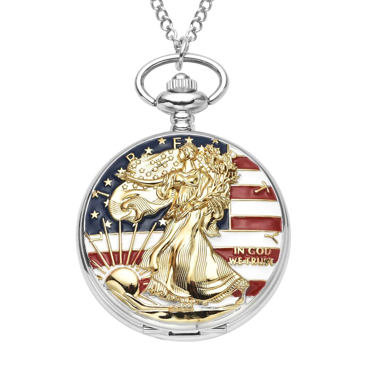 Strada Japanese Movement Golden Statue of Liberty with American Flag Pattern Pocket Watch with Chain (31 Inches) image number 0