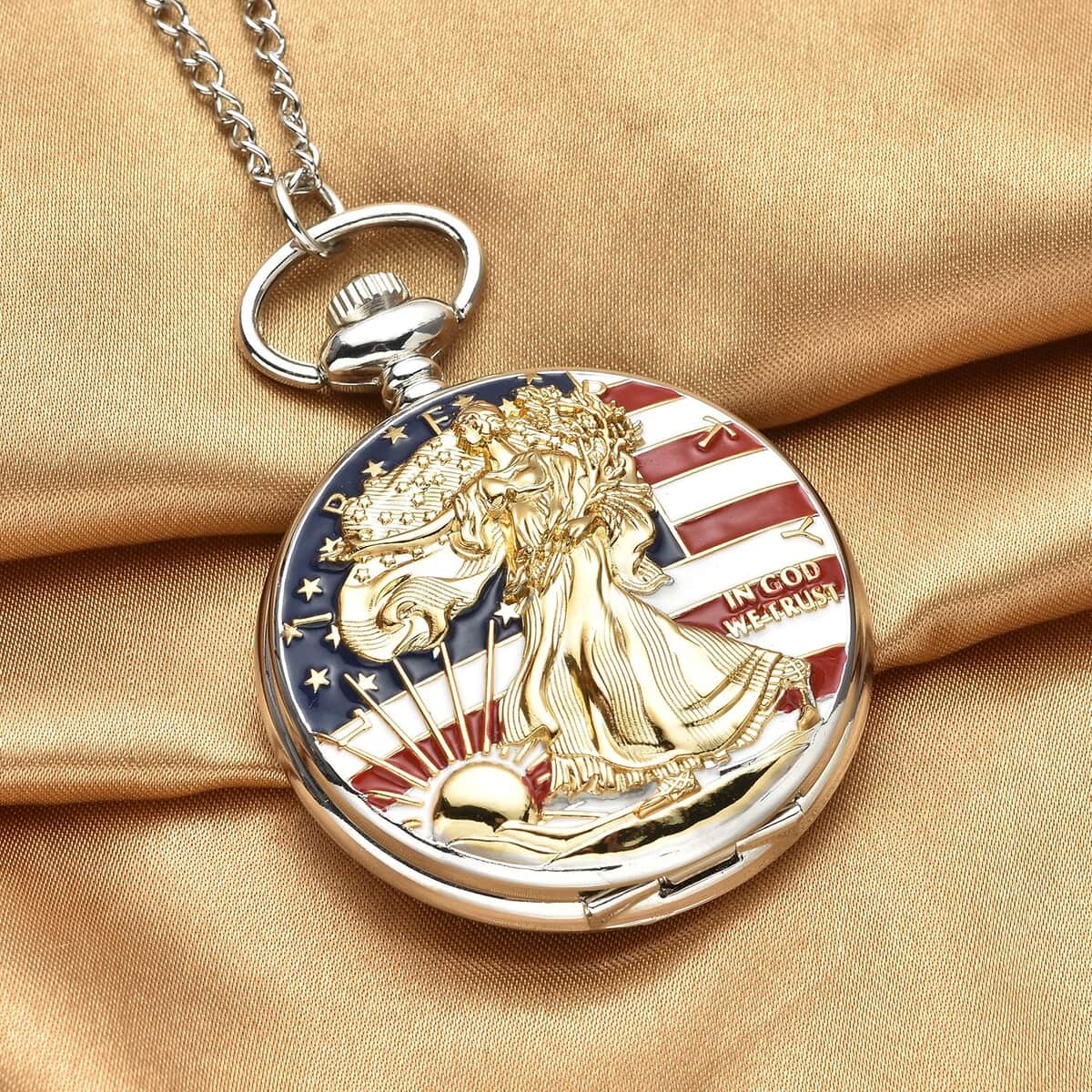 Strada Japanese Movement Golden Statue of Liberty with American Flag Pattern Pocket Watch with Chain (31 Inches) image number 1