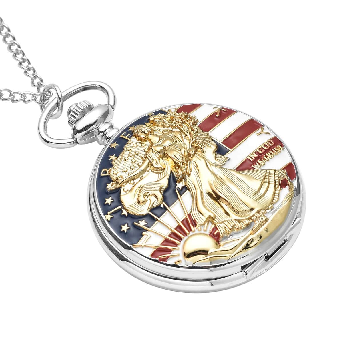 Strada Japanese Movement Golden Statue of Liberty with American Flag Pattern Pocket Watch with Chain (31 Inches) image number 2