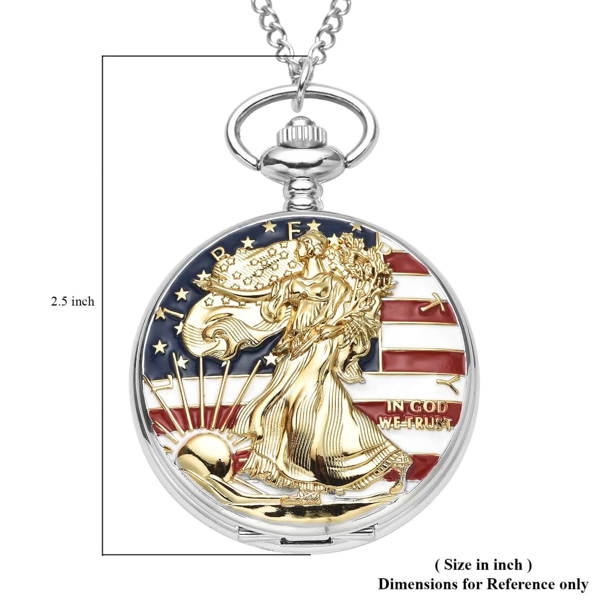 Strada Japanese Movement Golden Statue of Liberty with American Flag Pattern Pocket Watch with Chain (31 Inches) image number 6