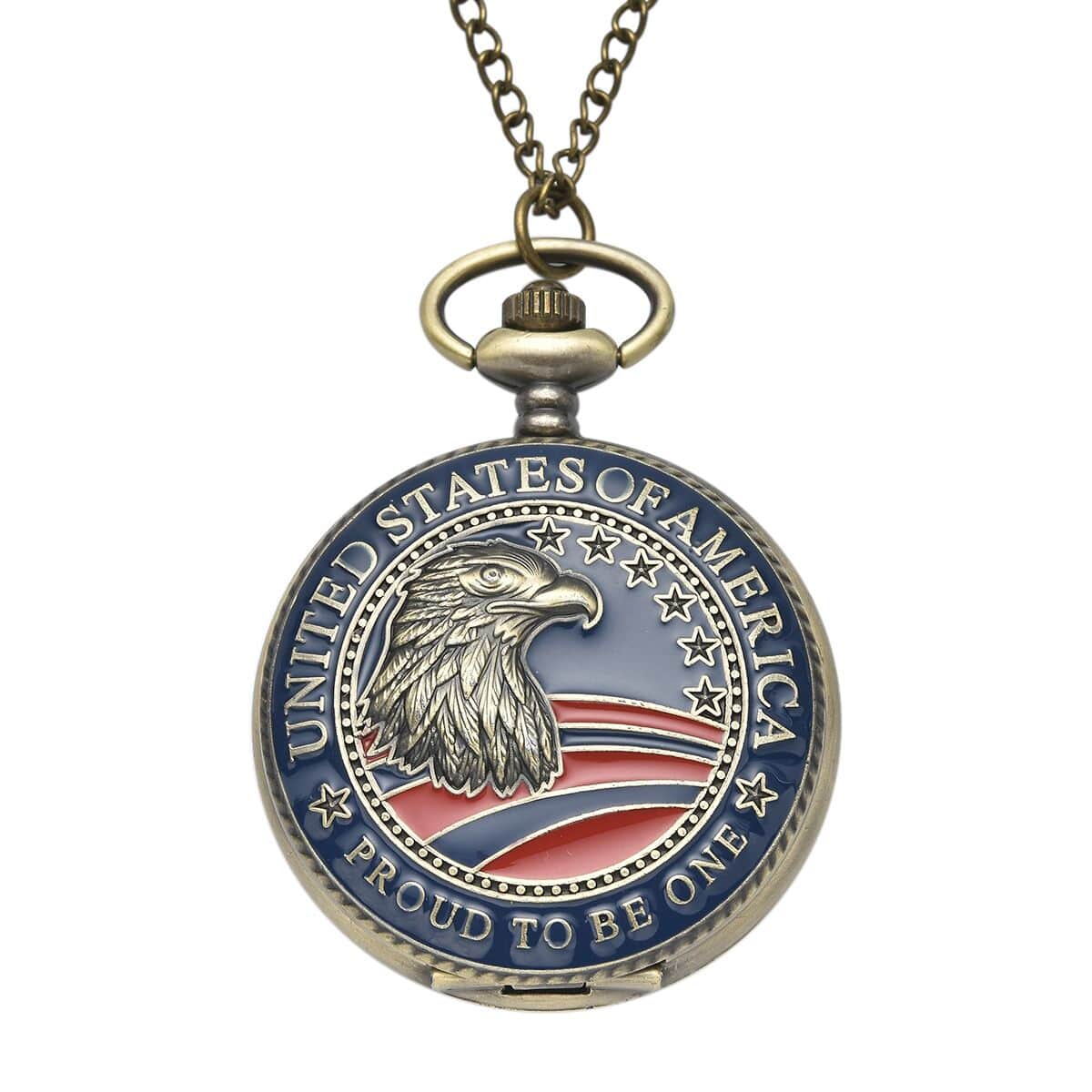 Strada Japanese Movement Antique Coin Eagle Head With American Flag Pattern Pocket Watch with Chain (31 Inches) image number 0