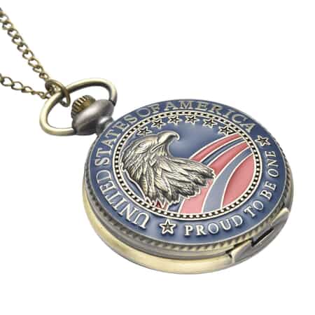 Strada Japanese Movement Antique Coin Eagle Head With American Flag Pattern Pocket Watch with Chain (31 Inches) image number 2
