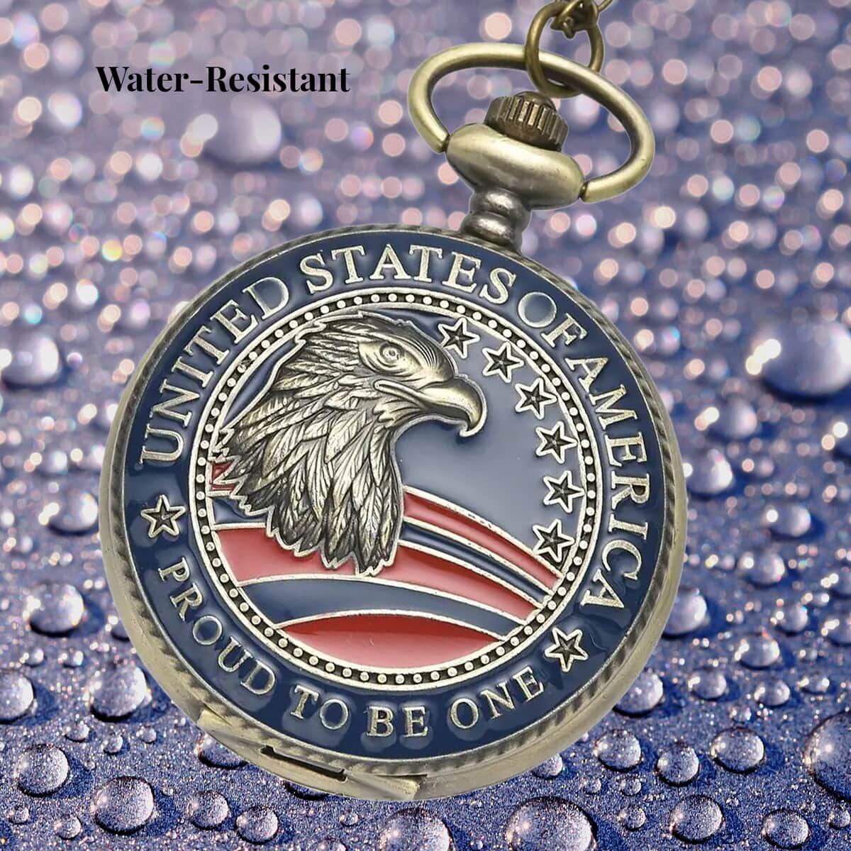 Strada Japanese Movement Antique Coin Eagle Head With American Flag Pattern Pocket Watch with Chain 31 Inches image number 3