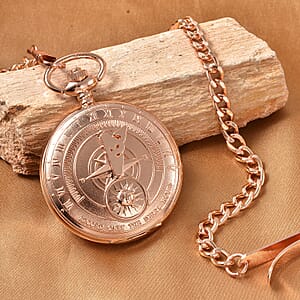 Strada Japanese Movement Compass Pattern Pocket Watch in Rosetone With Chain (14-18 Inches) (47.24 mm)