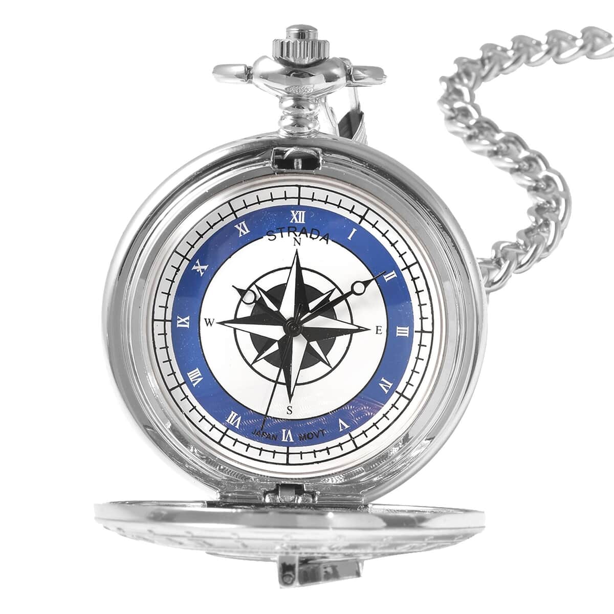 Strada Japanese Movement Compass Pattern Pocket Watch in Silvertone With Chain (14-18 Inches) (47.24 mm) image number 5