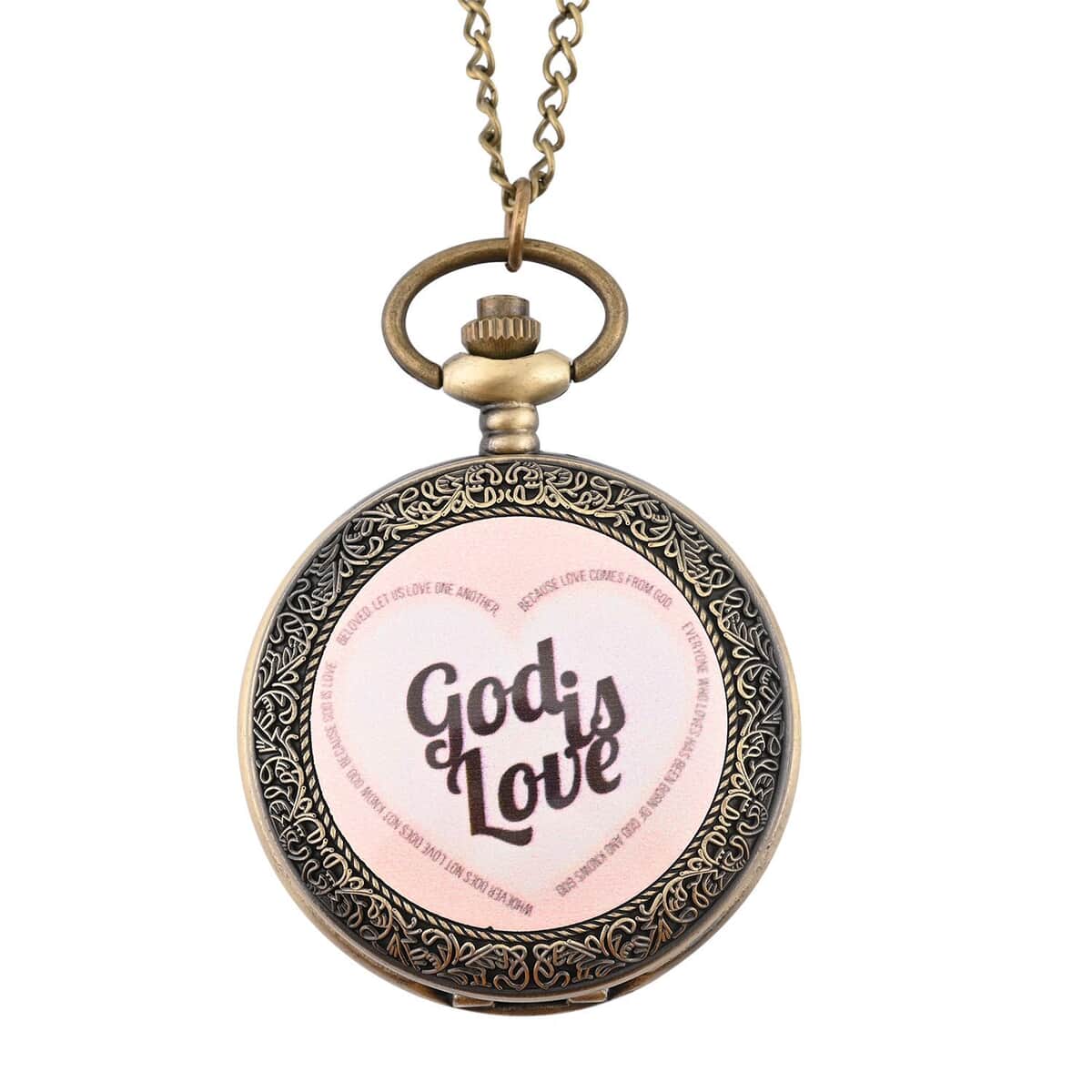 Strada Japanese Movement Nude Pink God is Love Pocket Watch with Chain in Antique bronze (31 Inches) image number 0