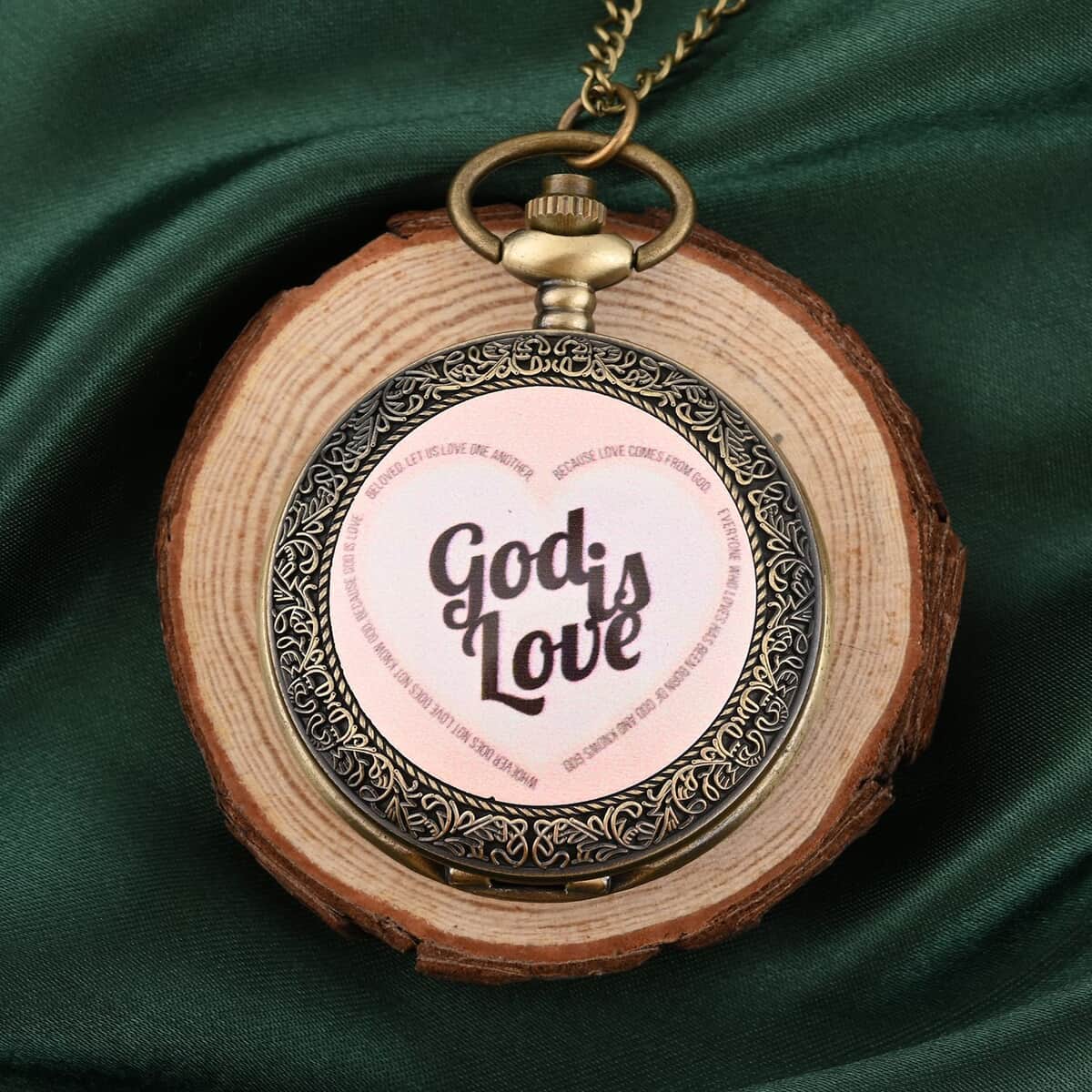 Strada Japanese Movement Nude Pink God is Love Pocket Watch with Chain in Antique bronze (31 Inches) image number 1