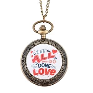 Strada Japanese Movement White Bottom All Love Text Pattern Pocket Watch with Antique Bronze Chain (31 Inches)