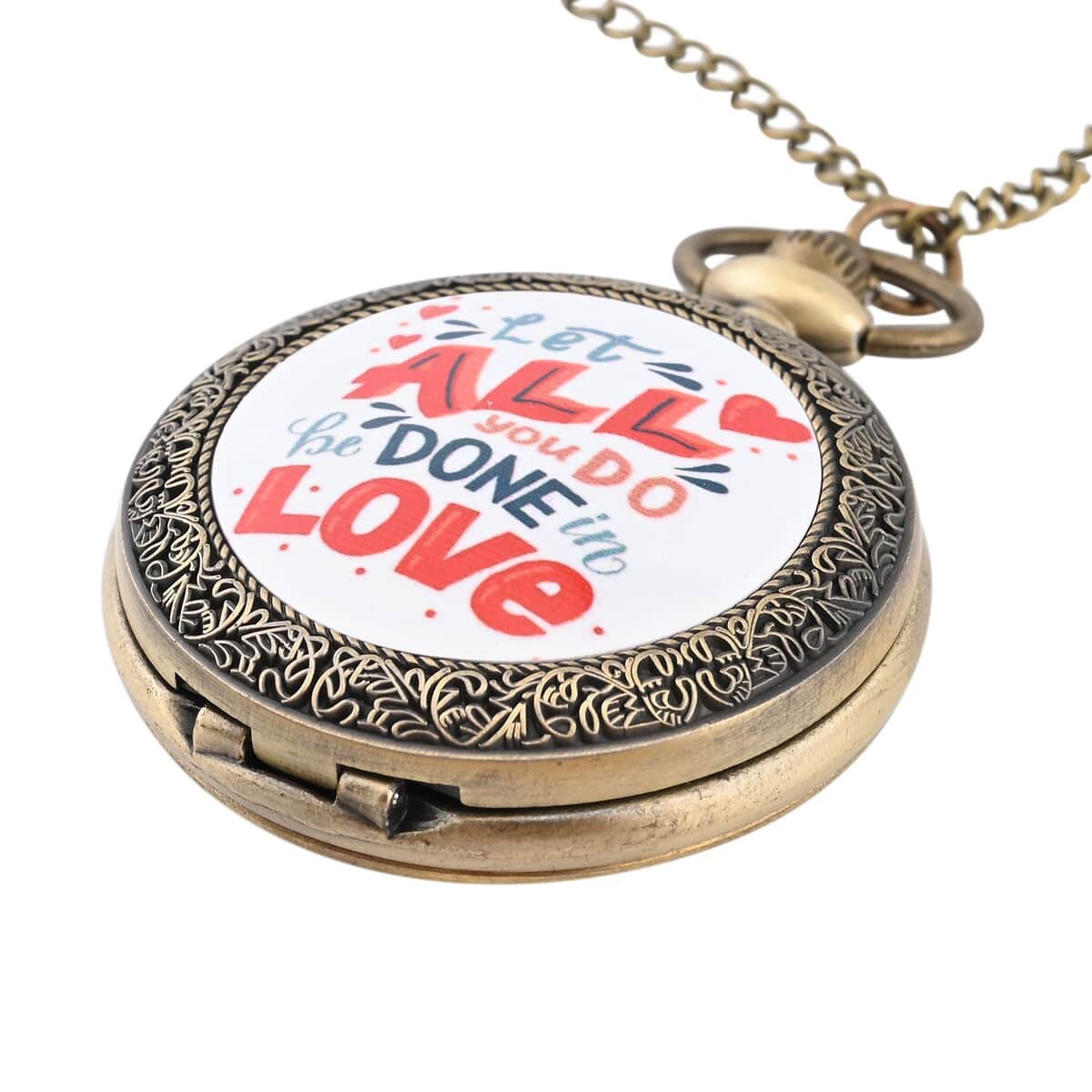 Strada Japanese Movement White Bottom All Love Text Pattern Pocket Watch with Antique Bronze Chain (31 Inches) image number 2