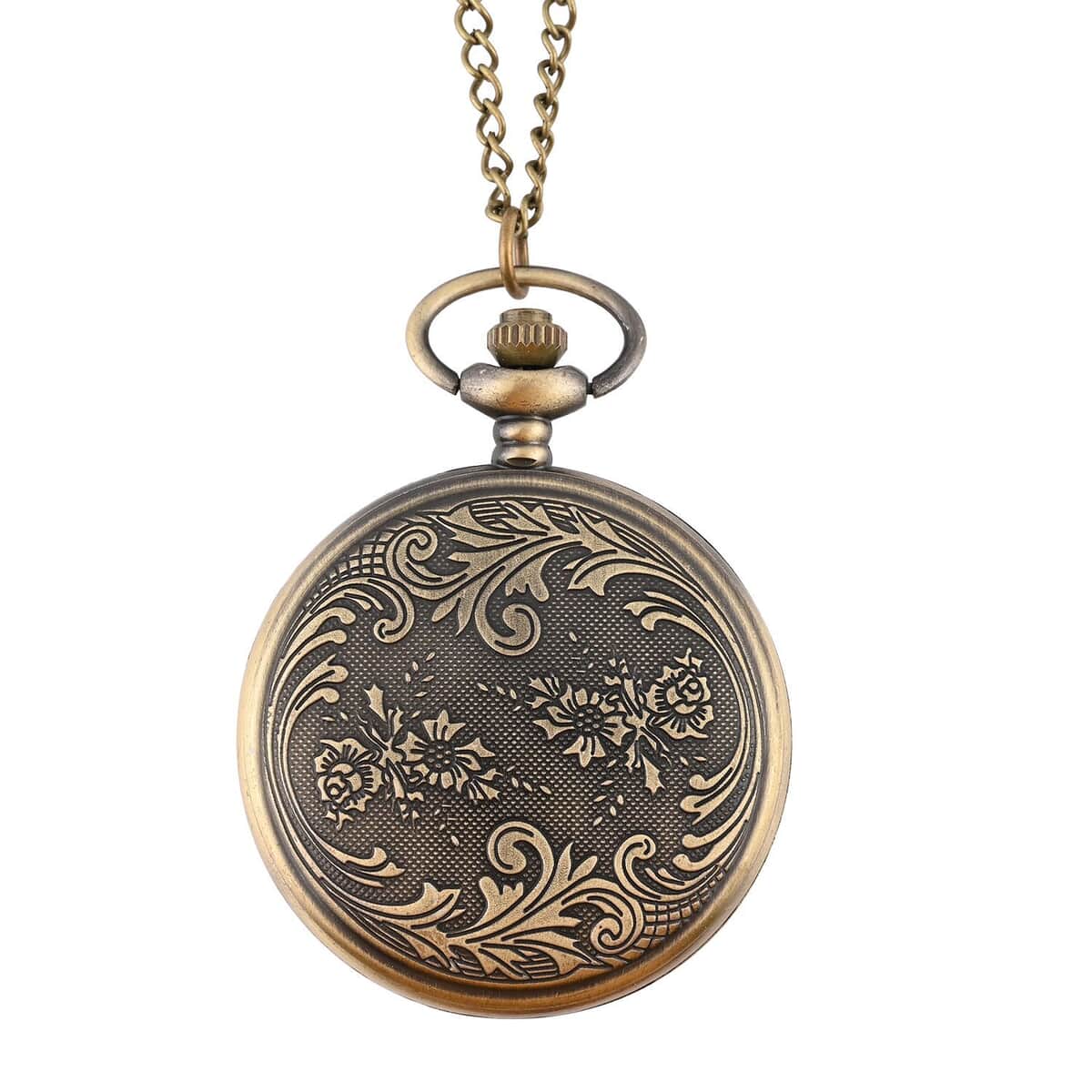 Strada Japanese Movement White Bottom All Love Text Pattern Pocket Watch with Antique Bronze Chain (31 Inches) image number 3
