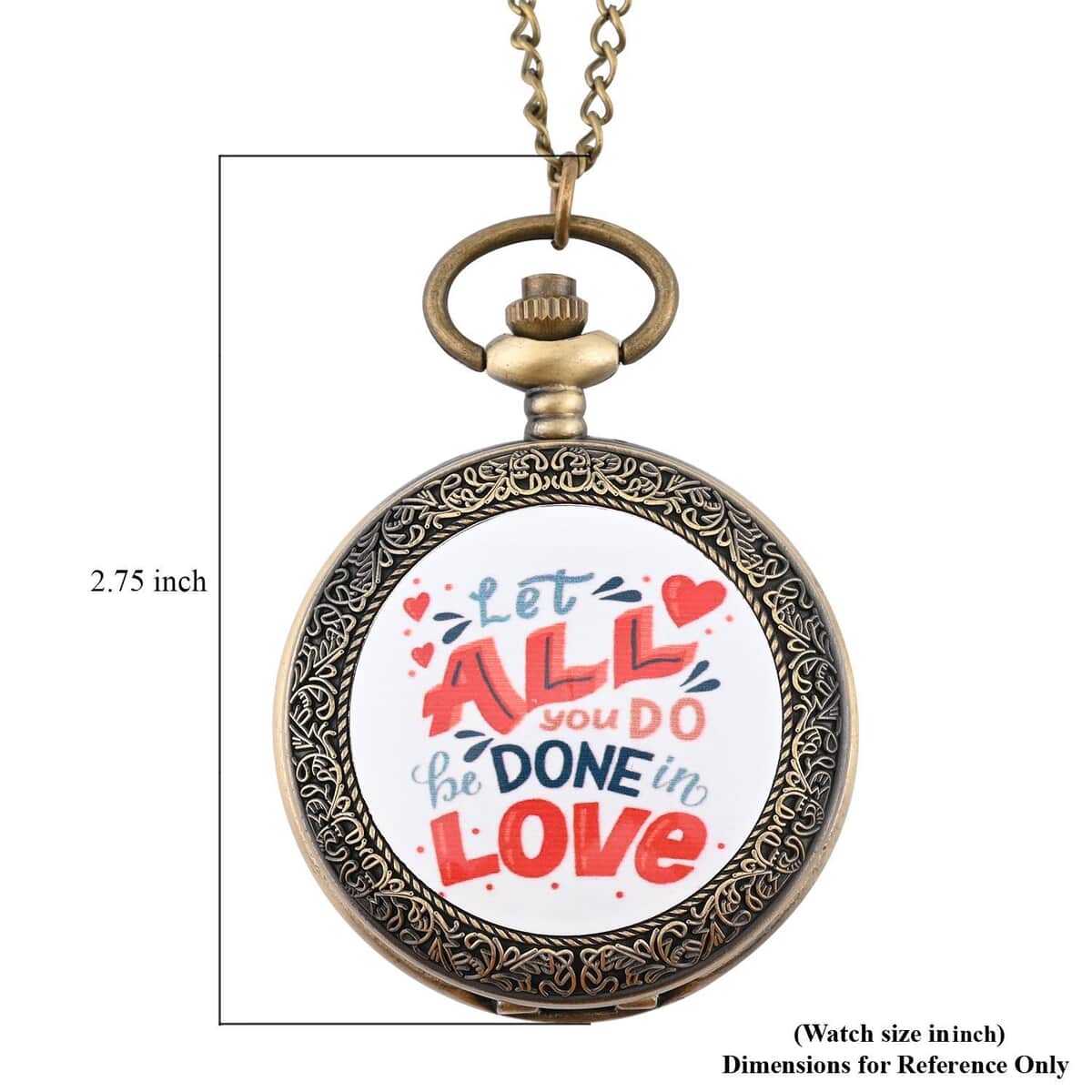 Strada Japanese Movement White Bottom All Love Text Pattern Pocket Watch with Antique Bronze Chain (31 Inches) image number 6