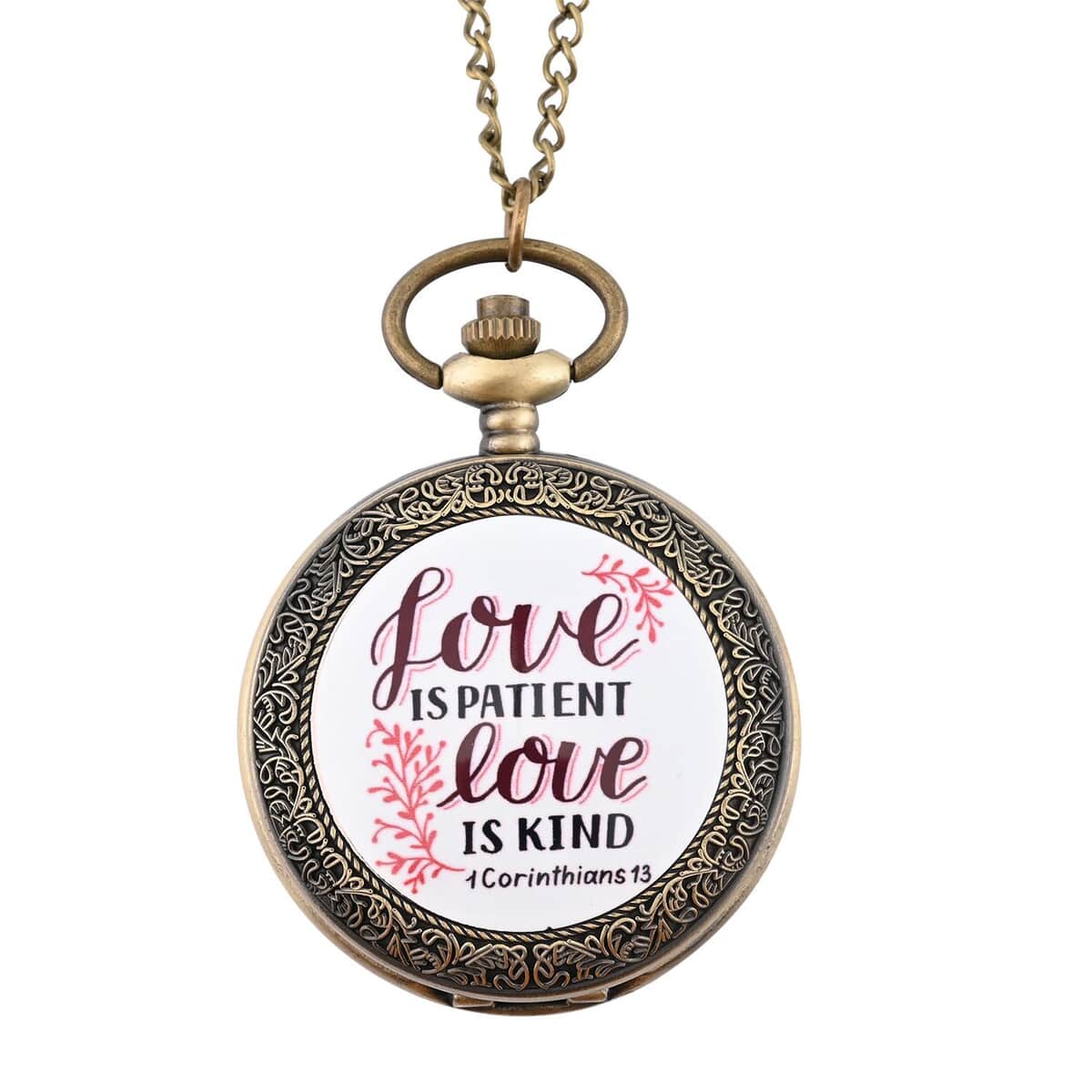 Strada Japanese Movement White Bottom Love Text Pattern Pocket Watch with Antique Bronze Chain (31 Inches) image number 0