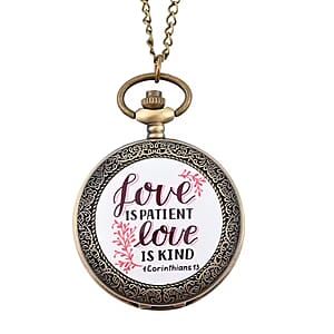 Strada Japanese Movement White Bottom Love Text Pattern Pocket Watch with Antique Bronze Chain (31 Inches)