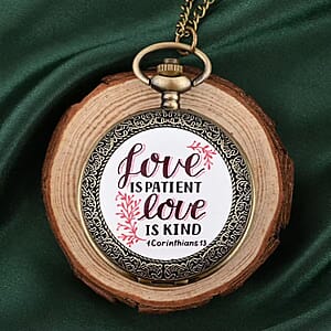Strada Japanese Movement White Bottom Love Text Pattern Pocket Watch with Antique Bronze Chain (31 Inches)