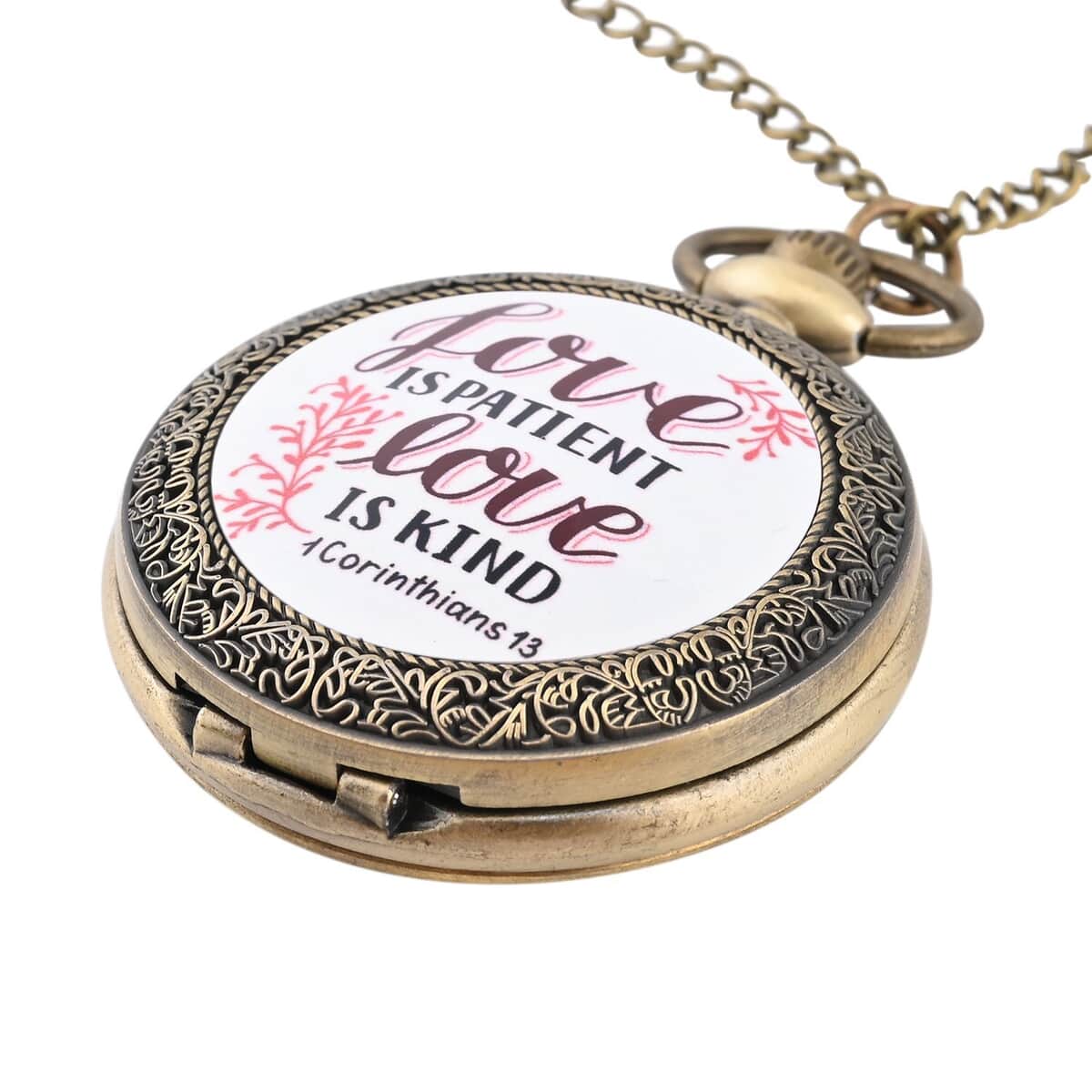Strada Japanese Movement White Bottom Love Text Pattern Pocket Watch with Antique Bronze Chain (31 Inches) image number 2