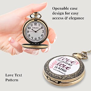 Strada Japanese Movement White Bottom Love Text Pattern Pocket Watch with Antique Bronze Chain (31 Inches)