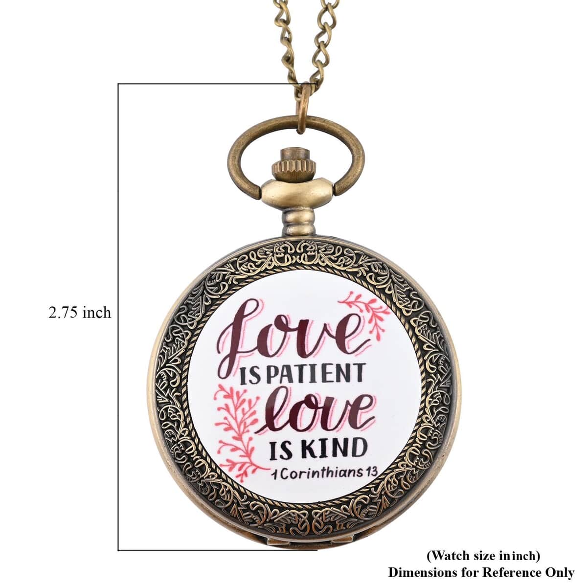 Strada Japanese Movement White Bottom Love Text Pattern Pocket Watch with Antique Bronze Chain (31 Inches) image number 6