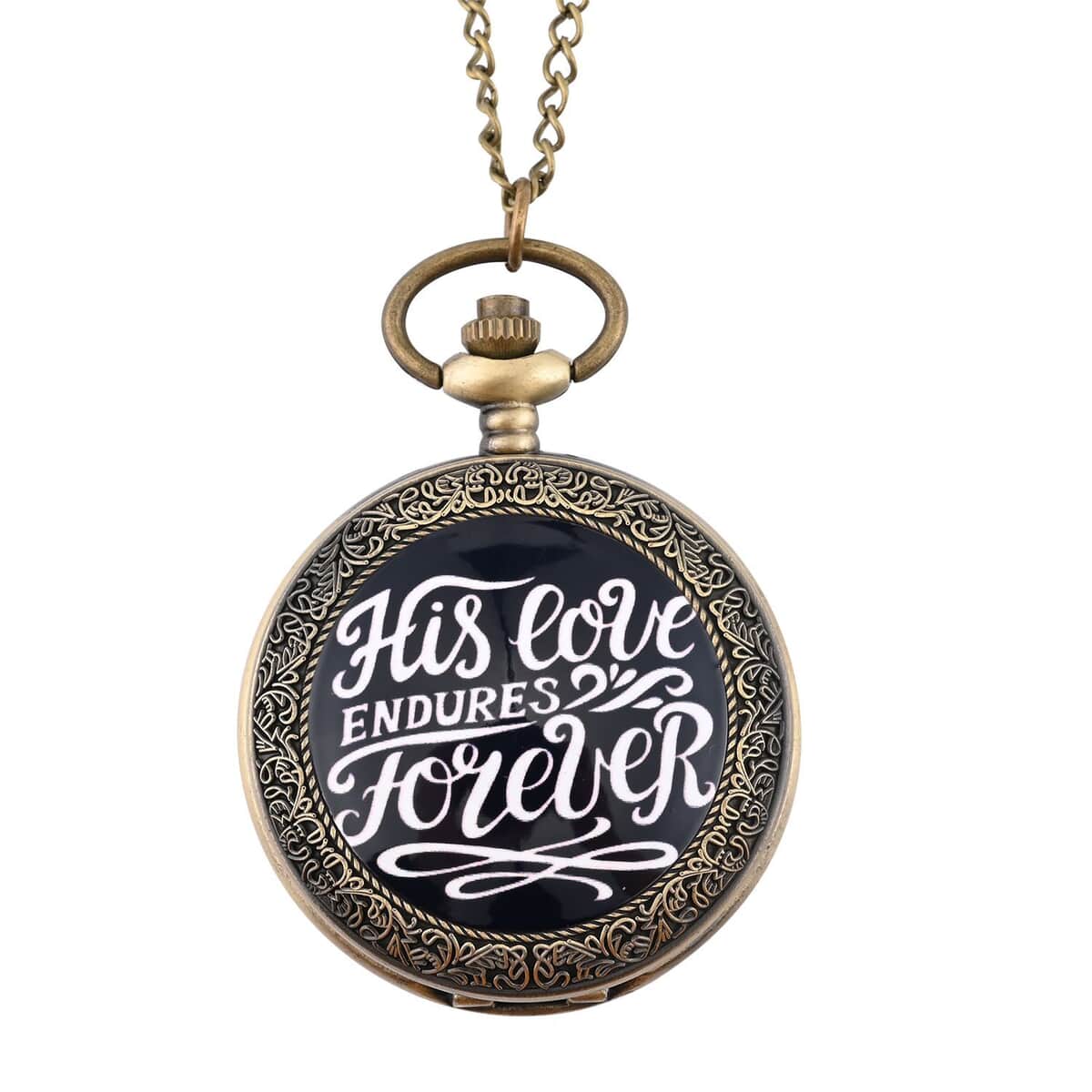 Strada Japanese Movement Black Bottom His Love Text Pattern Pocket Watch with Antique bronze Chain (31 Inches) image number 0