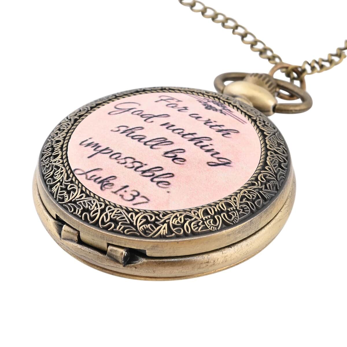 Strada Japanese Movement Nude Pink Bottom with God Text Pattern Pocket Watch with Antique Bronze Chain (31 Inches) image number 2