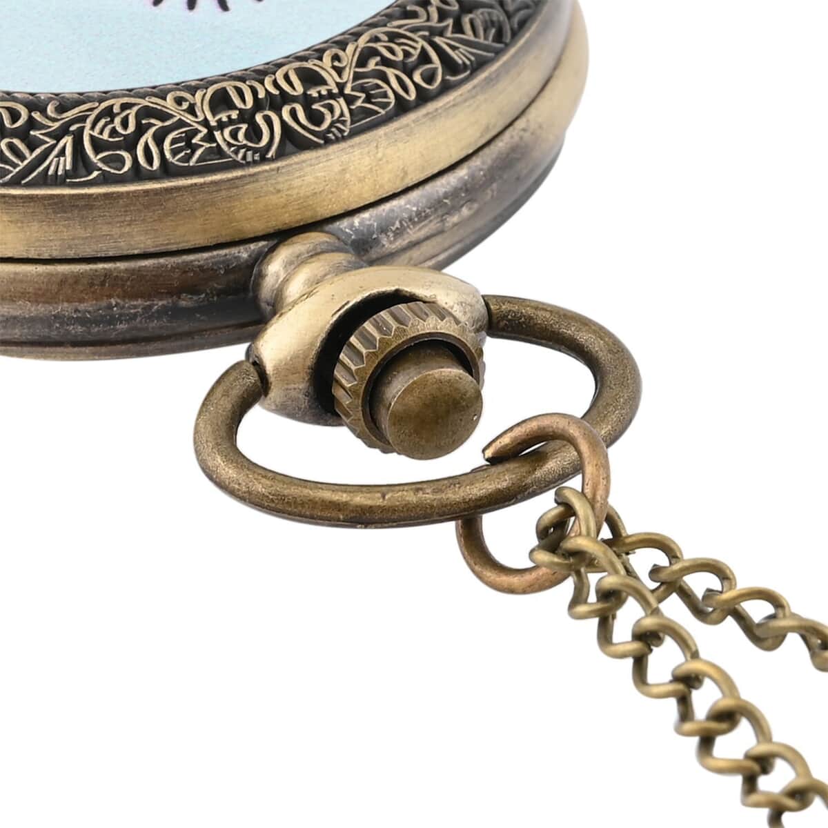 Strada Japanese Movement Light Blue Bottom Text Pattern Pocket Watch with Antique Bronze Chain (31 Inches) image number 5