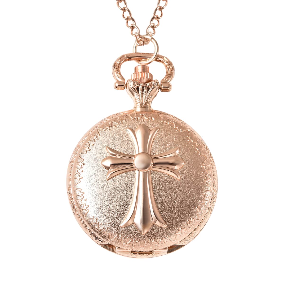 STRADA Japanese Movement Inspirational Cross Pattern Pocket Watch in Rose Color with Chain (31 Inches) image number 0