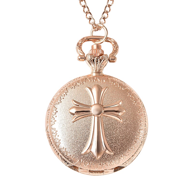 Strada Japanese Movement Inspirational Cross Pattern Pocket Watch in Rose Color with Chain (31 Inches)