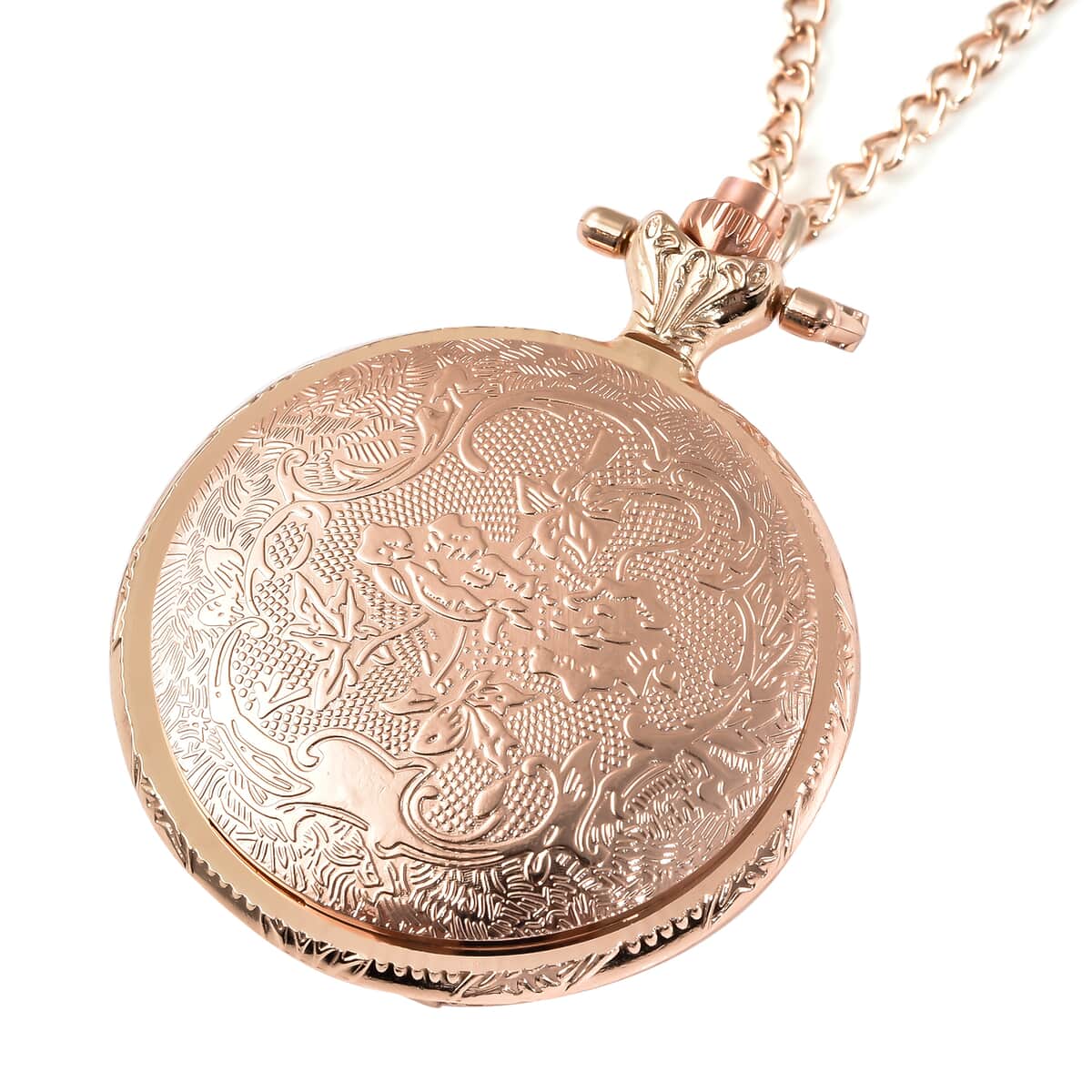 STRADA Japanese Movement Inspirational Cross Pattern Pocket Watch in Rose Color with Chain (31 Inches) image number 3