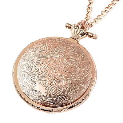 Strada Japanese Movement Inspirational Cross Pattern Pocket Watch in Rose Color with Chain (31 Inches)