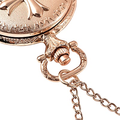 Strada Japanese Movement Inspirational Cross Pattern Pocket Watch in Rose Color with Chain (31 Inches)