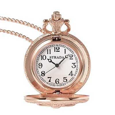 Strada Japanese Movement Inspirational Cross Pattern Pocket Watch in Rose Color with Chain (31 Inches)