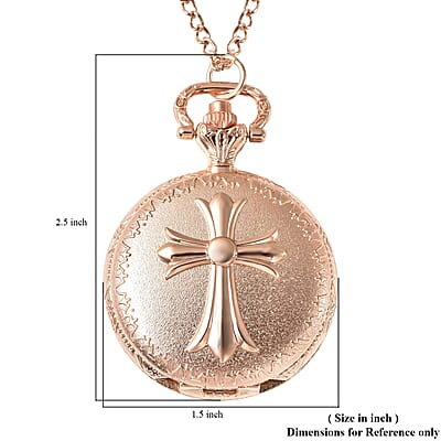 Strada Japanese Movement Inspirational Cross Pattern Pocket Watch in Rose Color with Chain (31 Inches)