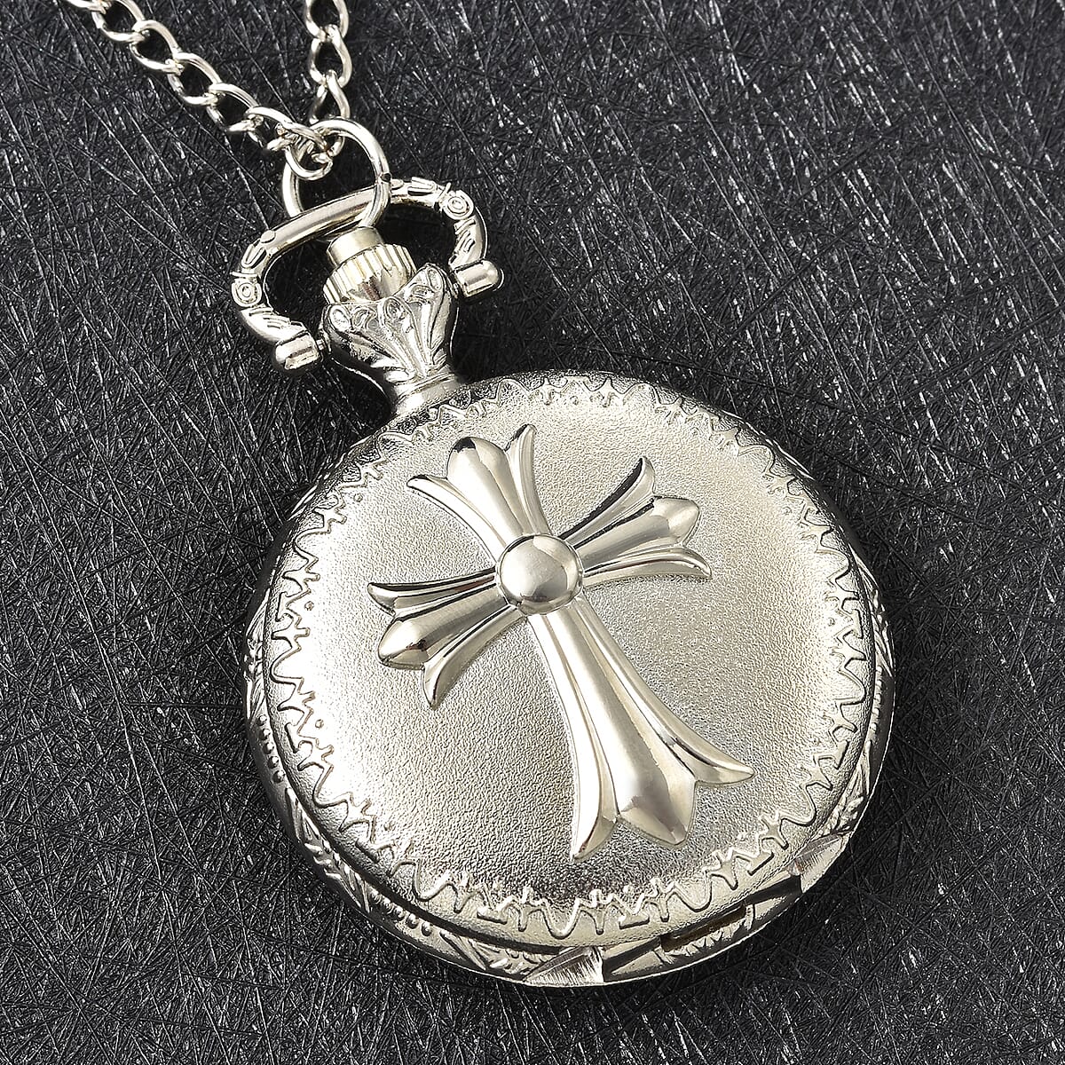 Strada Japanese Movement Inspirational Cross Pattern Pocket Watch in Steel Color with Chain (31 Inches) image number 1