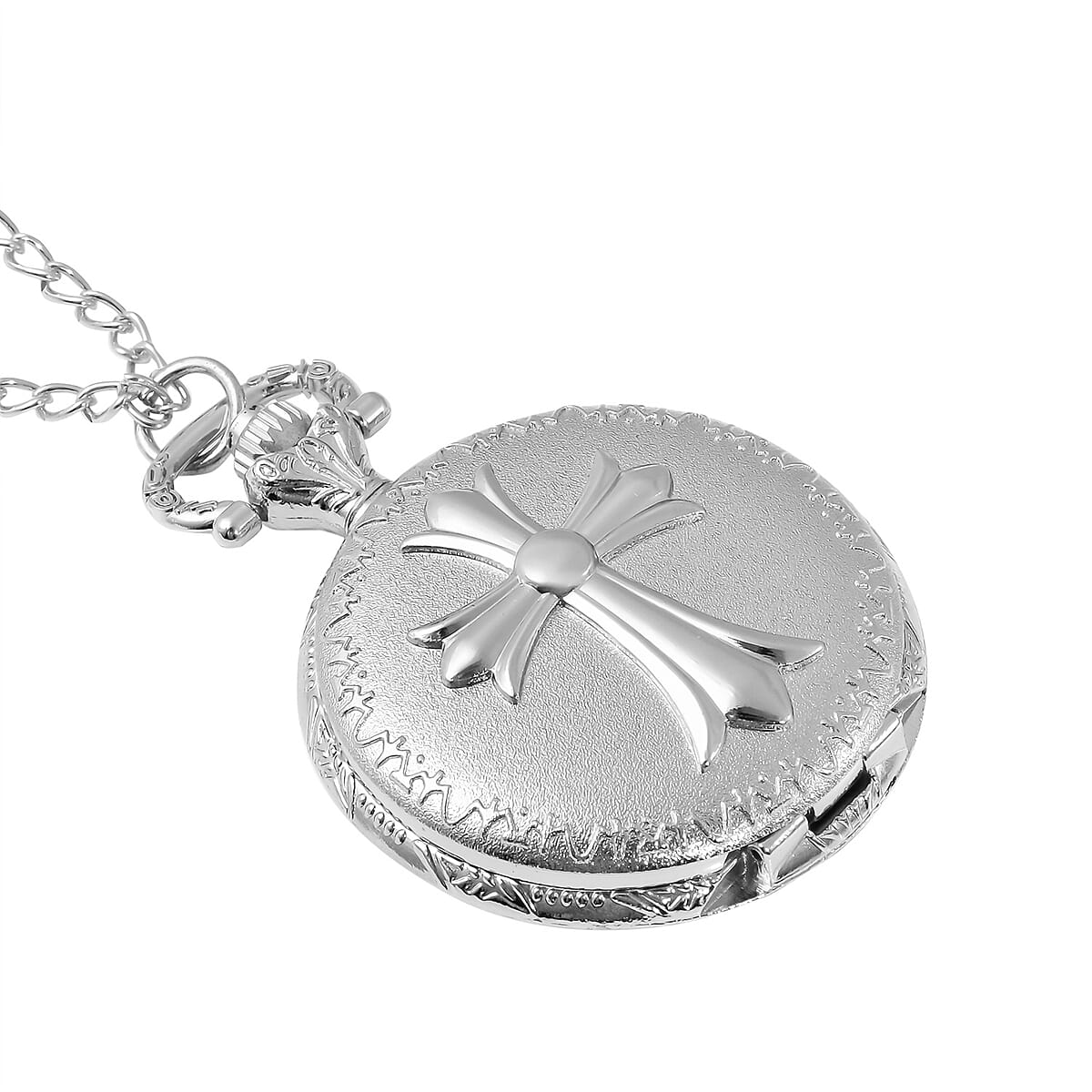 Strada Japanese Movement Inspirational Cross Pattern Pocket Watch in Steel Color with Chain (31 Inches) image number 2