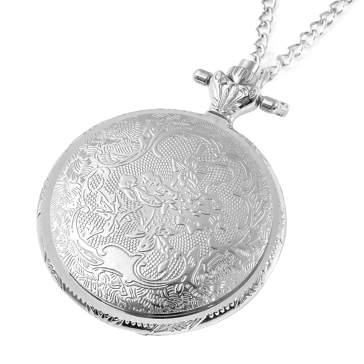 Strada Japanese Movement Inspirational Cross Pattern Pocket Watch in Steel Color with Chain (31 Inches) image number 3