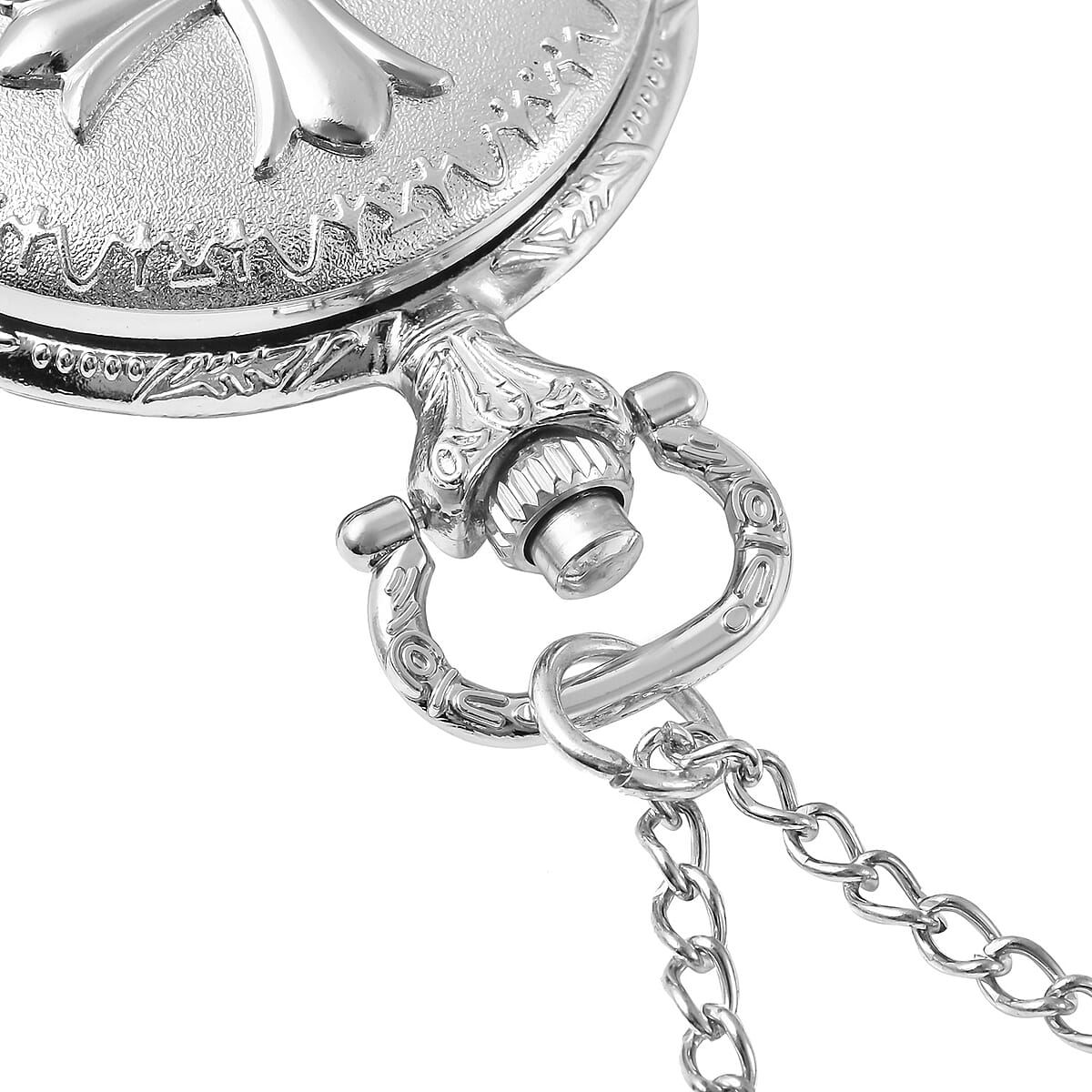 Strada Japanese Movement Inspirational Cross Pattern Pocket Watch in Steel Color with Chain (31 Inches) image number 4