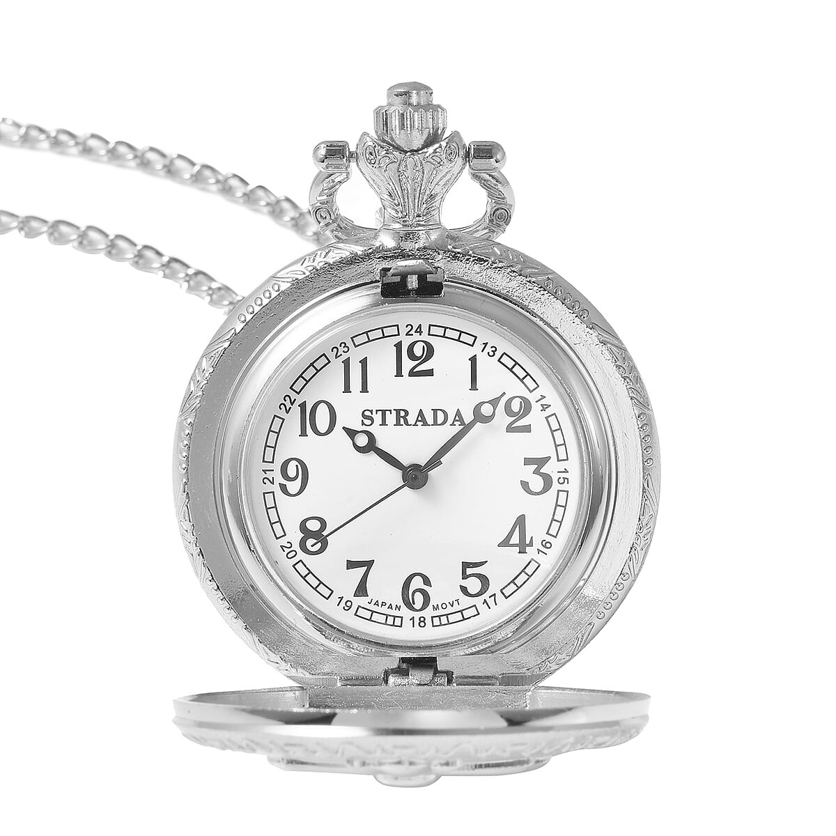 Strada Japanese Movement Inspirational Cross Pattern Pocket Watch in Steel Color with Chain (31 Inches) image number 5