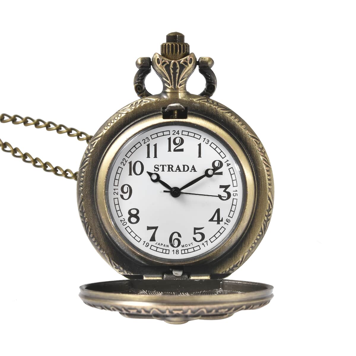 Strada Japanese Movement Inspirational Cross Pattern Pocket Watch in Bronze Color with Chain (31 Inches) image number 5