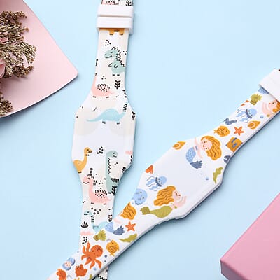 Set of 2 Strada Electronic Movement LED Watch with Dinosaur and Mermaid Pattern Silicone Strap