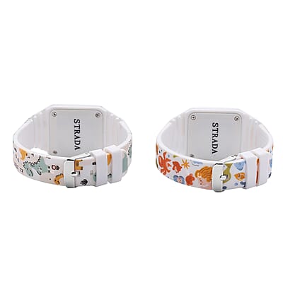 Set of 2 Strada Electronic Movement LED Watch with Dinosaur and Mermaid Pattern Silicone Strap