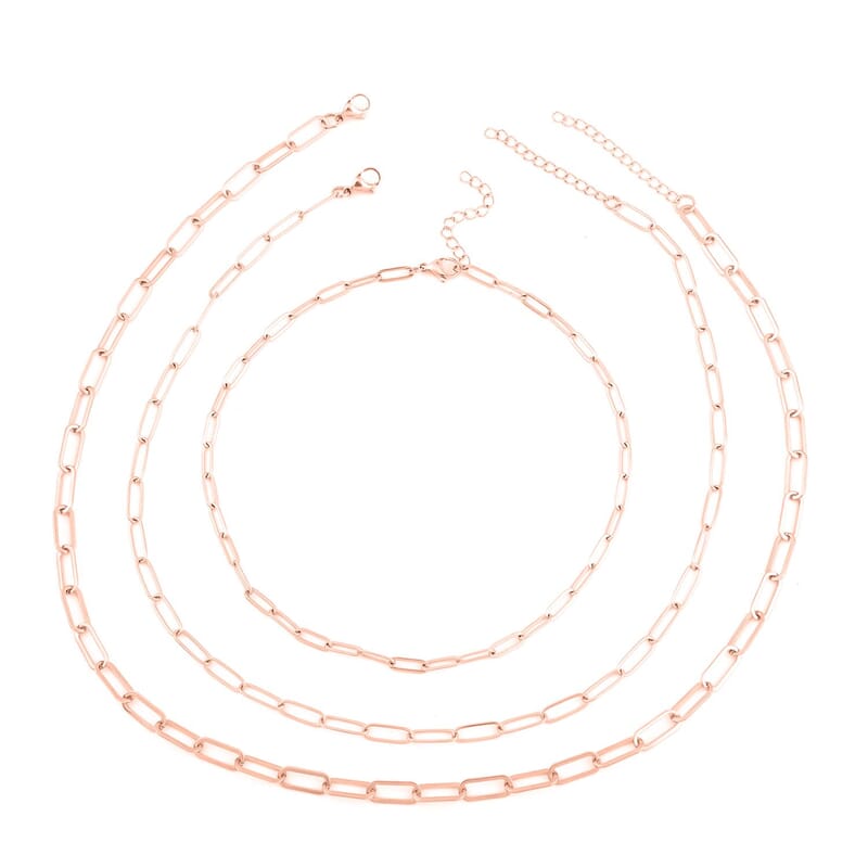 EverTrue Set of 3 Paper Clip Chain in ION Plated Rose Gold Stainless Steel, Stainless Steel Chain, Birthday Gifts For Her (16, 20 and 24 Inches) with 2 In Extender