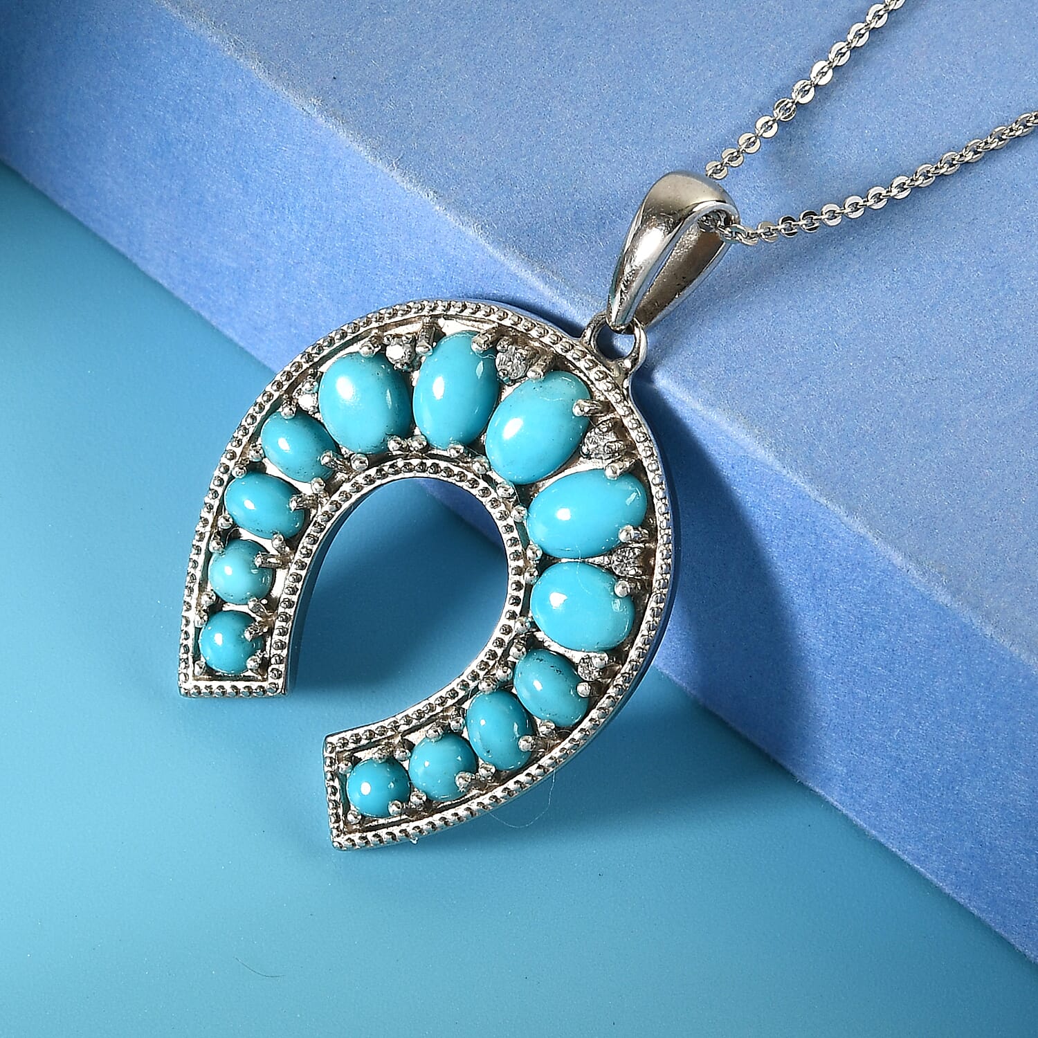 AMERICAN Natural Sleeping Beauty Turquoise and Natural White Zircon Horseshoe Pendant Necklace 20 Inches in Platinum Over Sterling Silver 8 Grams 3.00 ctw
